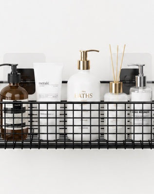 Problems Solved bathroom organiser with multiple compartments for toiletries, no-punch installation, ideal for bathroom storage.