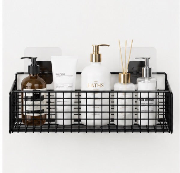 Problems Solved bathroom organiser with multiple compartments for toiletries, no-punch installation, ideal for bathroom storage.
