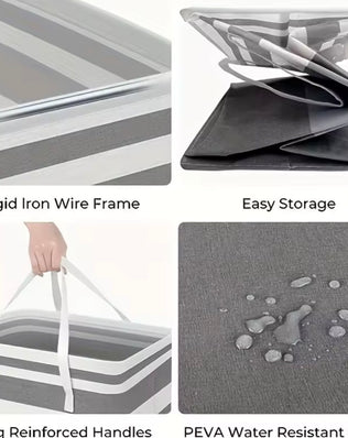 Problems Solved extra large waterproof laundry hamper with extended handle and foldable design, shown with open top and sturdy structure.