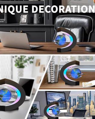 Levitating floating globe with LED lights by Problems Solved, showcasing a sleek, futuristic tech gadget with illuminated display.