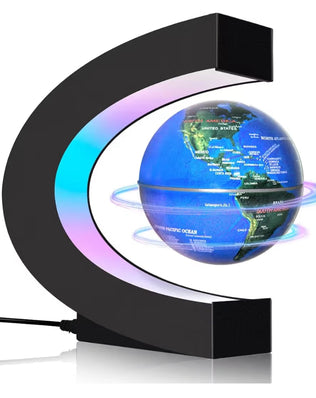 Levitating floating globe with LED lights, innovative tech gadget by Problems Solved, showcasing a glowing, suspended world display.