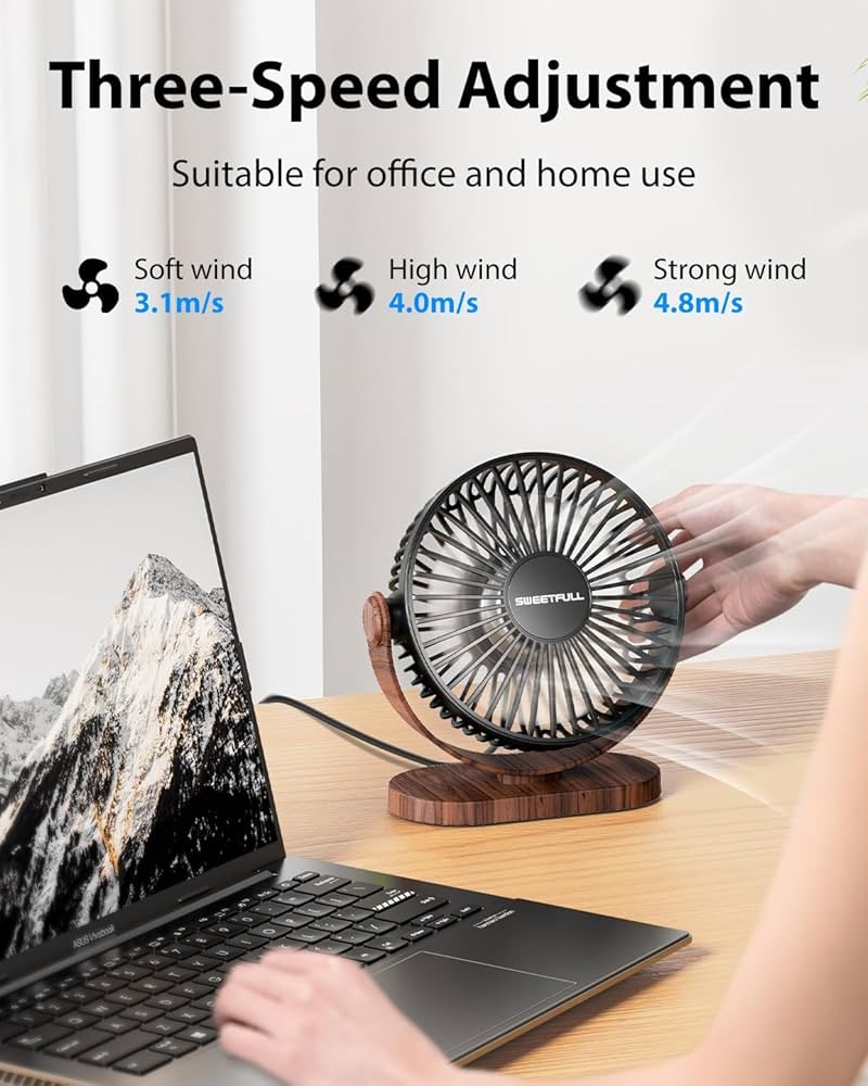 Small Problems Solved USB desk fan with three adjustable speeds, compact and silent for personal desktop cooling.