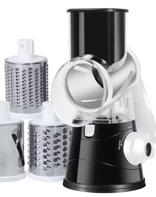 Problems Solved vegetable and fruit slicer grater benchtop drum cutter with stainless steel blades and adjustable settings.