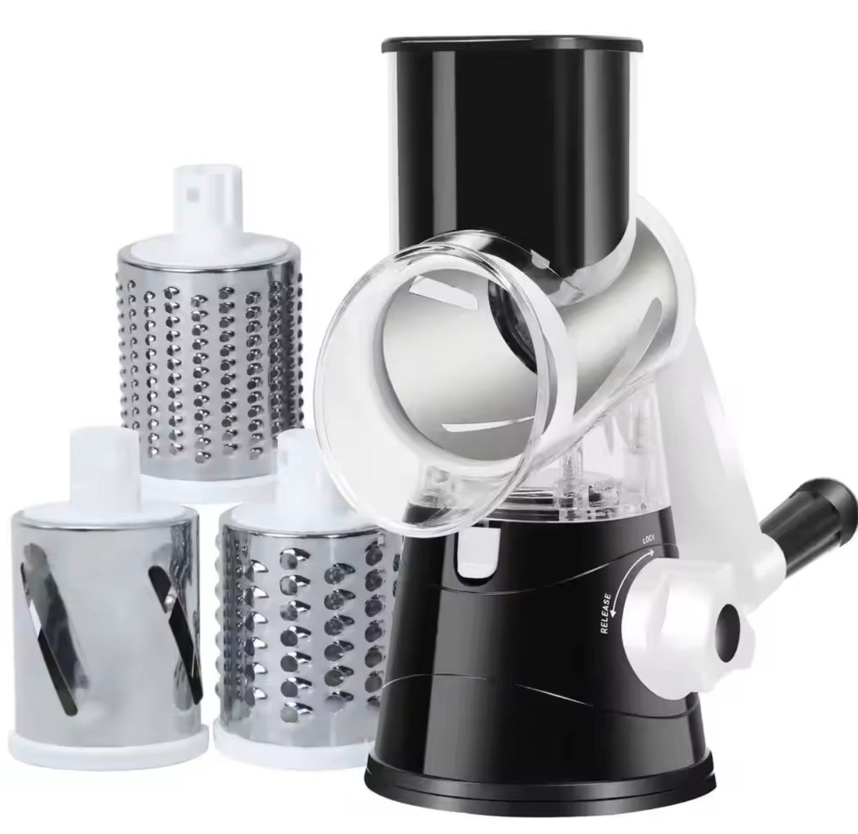 Problems Solved vegetable and fruit slicer grater benchtop drum cutter with stainless steel blades and adjustable settings.