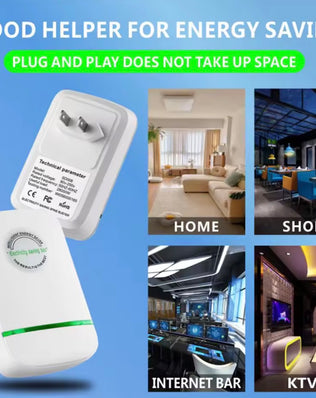 Problems Solved Pro Electricity Saving Box with EU plug, compact design for home and office power saving in a modern setting.
