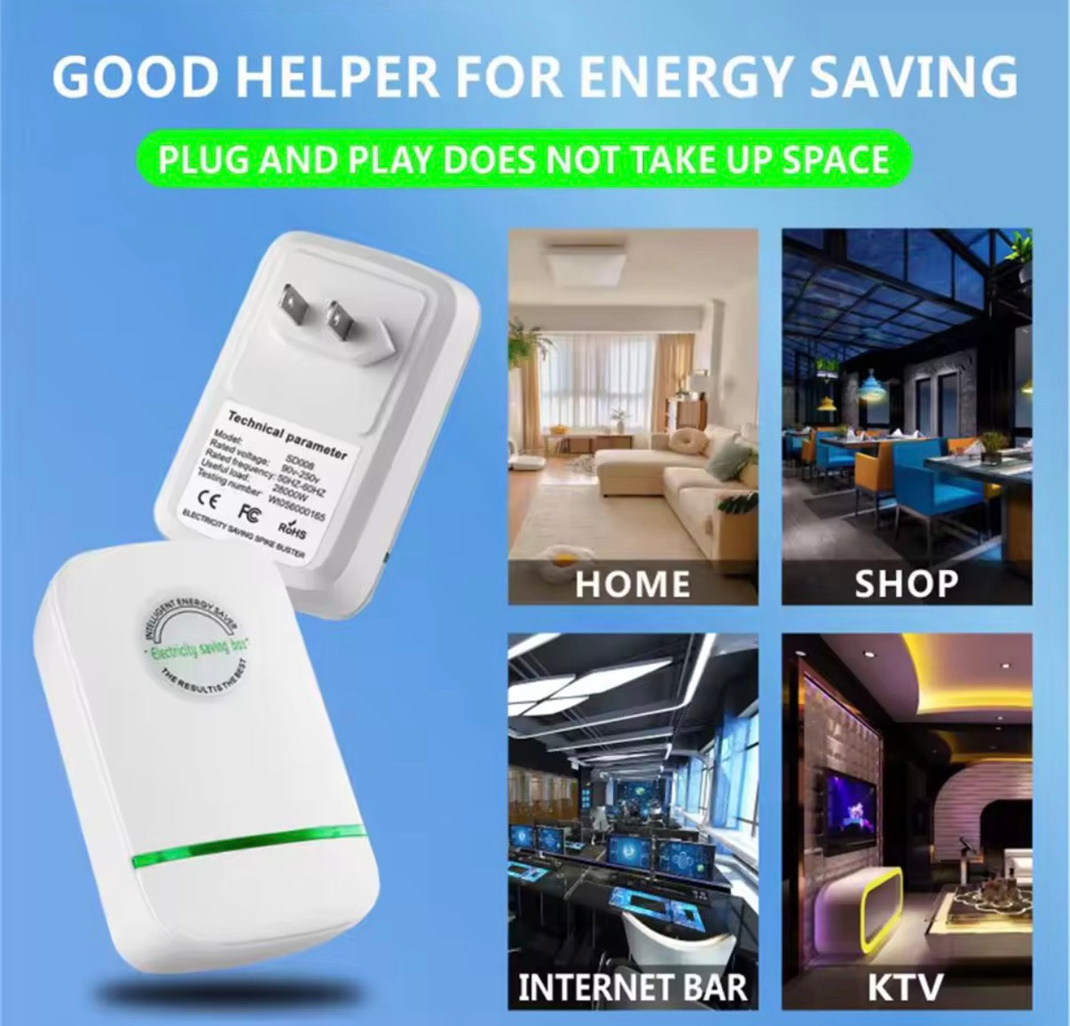 Problems Solved Pro Electricity Saving Box with EU plug, compact design for home and office power saving in a modern setting.
