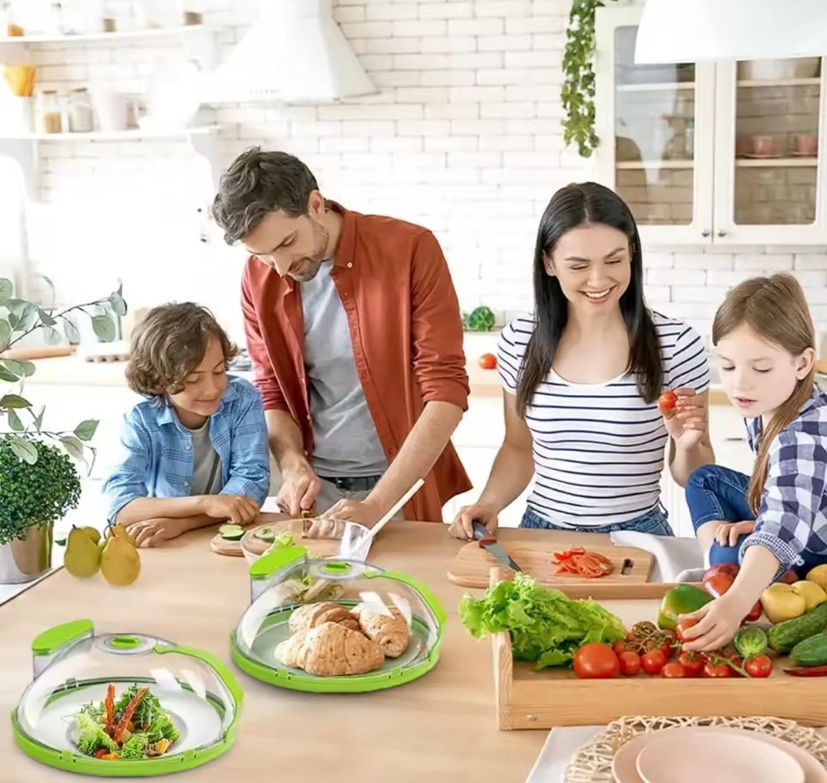 Clear microwave splatter cover with water steamer and handle by Problems Solved, designed to protect food from splatters during heating.