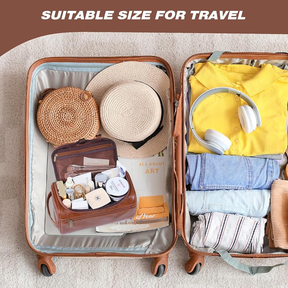 Dark brown leather toiletry bag for men, ideal for travel, gym, and shaving essentials, by Problems Solved.