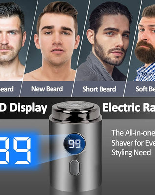 Problems Solved men's mini electric shaver with waterproof design, USB rechargeable travel razor showing sleek, compact body and shaving head.