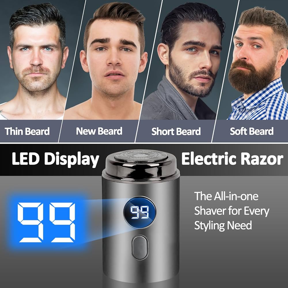 Problems Solved men's mini electric shaver with waterproof design, USB rechargeable travel razor showing sleek, compact body and shaving head.