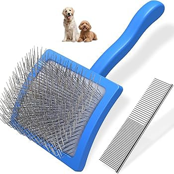 Problems Solved 2PCS dog slicker brush and pet comb set for professional grooming, featuring stainless steel pins and ergonomic handles.