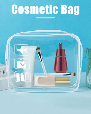 Clear Problems Solved travel toiletry bag in TSA-approved quart size, airport carry-on liquid bag with transparent design.