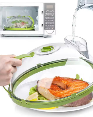 Clear microwave splatter cover with water steamer and handle, designed to protect food during microwave cooking by preventing splashes.