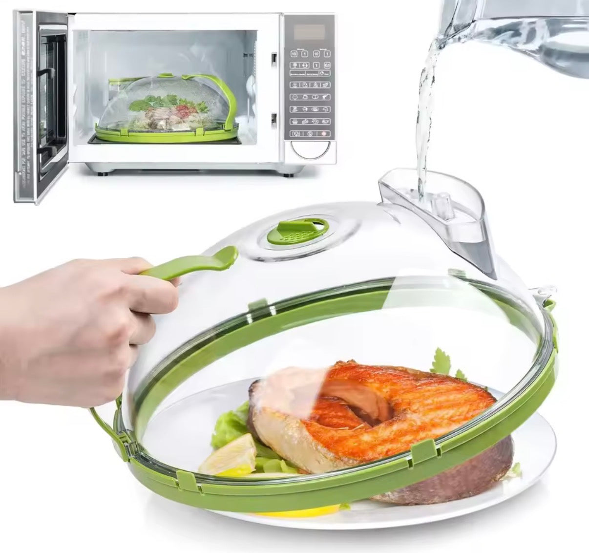 Clear microwave splatter cover with water steamer and handle, designed to protect food during microwave cooking by preventing splashes.
