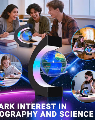 Levitating floating globe with LED lights by Problems Solved, showcasing a modern tech gadget with a magnetic levitation display.