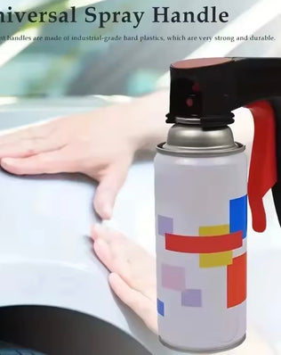 Plastic portable spray paint handle by Problems Solved, reusable and universal for spray paint cans, shown in black.