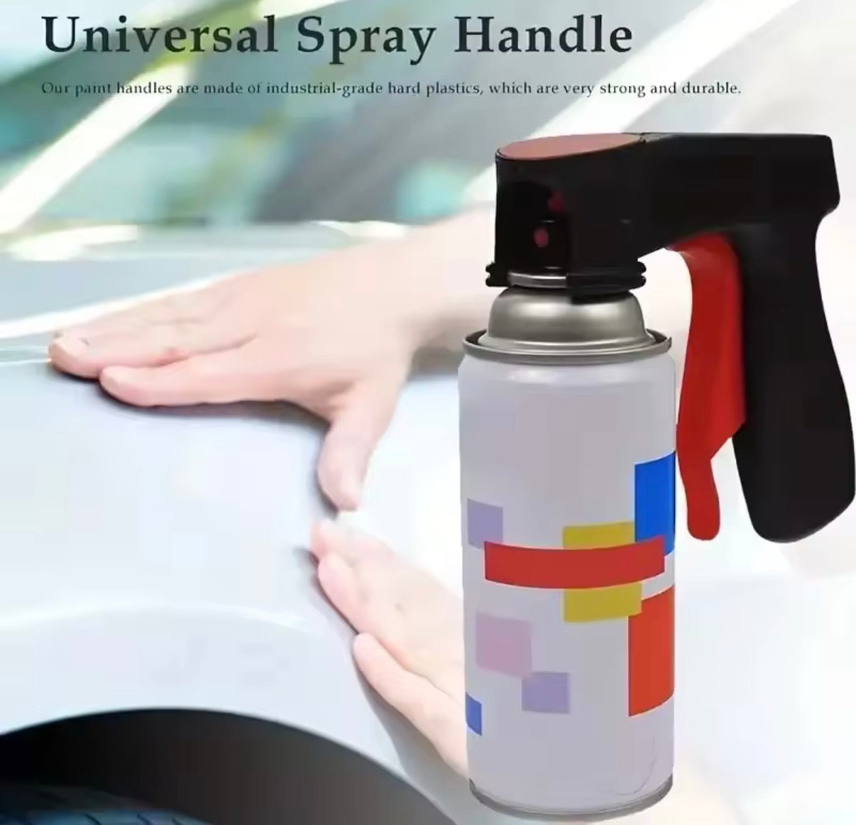 Plastic portable spray paint handle by Problems Solved, reusable and universal for spray paint cans, shown in black.