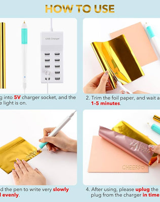 Problems Solved hot heated foil pens and foil roll set for card making, scrapbooking, and craft projects, with drawing tips included.