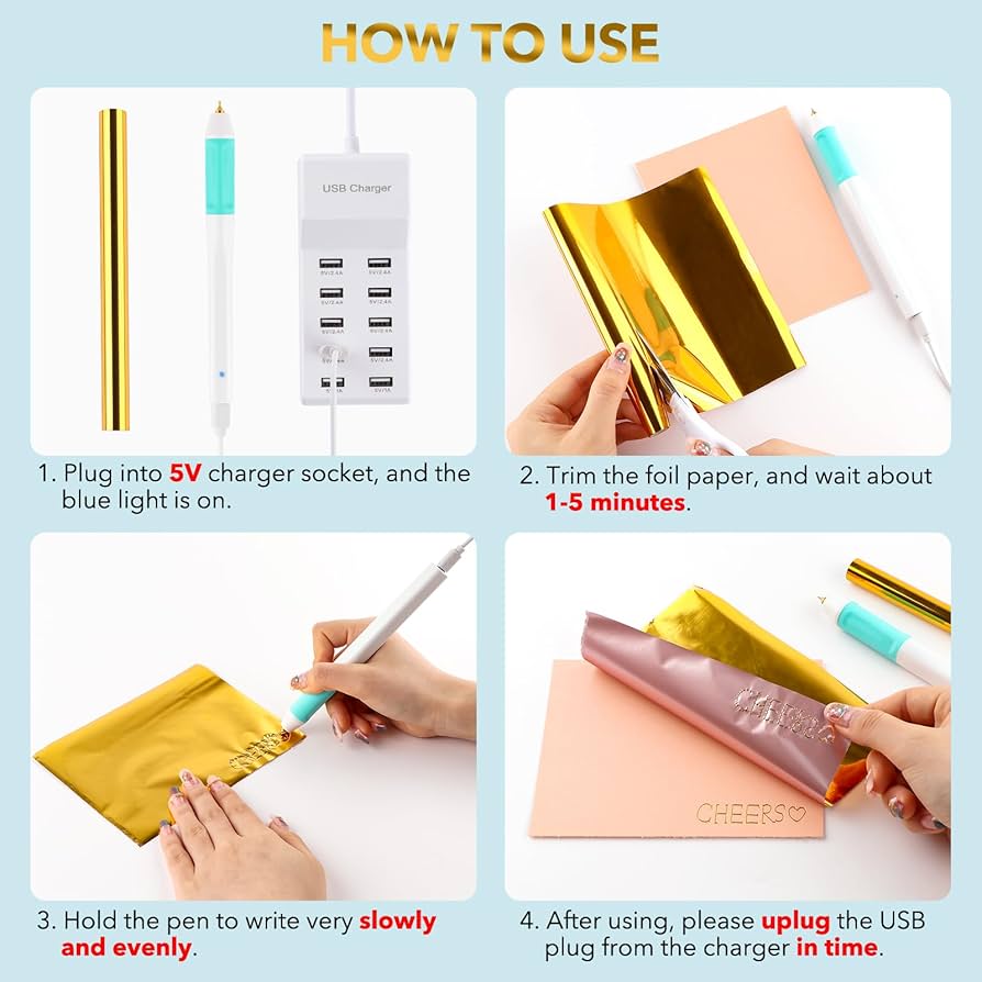 Problems Solved hot heated foil pens and foil roll set for card making, scrapbooking, and craft projects, with drawing tips included.
