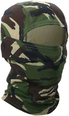 Lightweight breathable camo balaclava mask by Problems Solved, full face hood and army-style snood for outdoor protection.