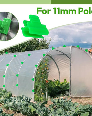 Pack of 50 Problems Solved greenhouse clamps, 11mm diameter polytunnel garden plant clips on a white background.