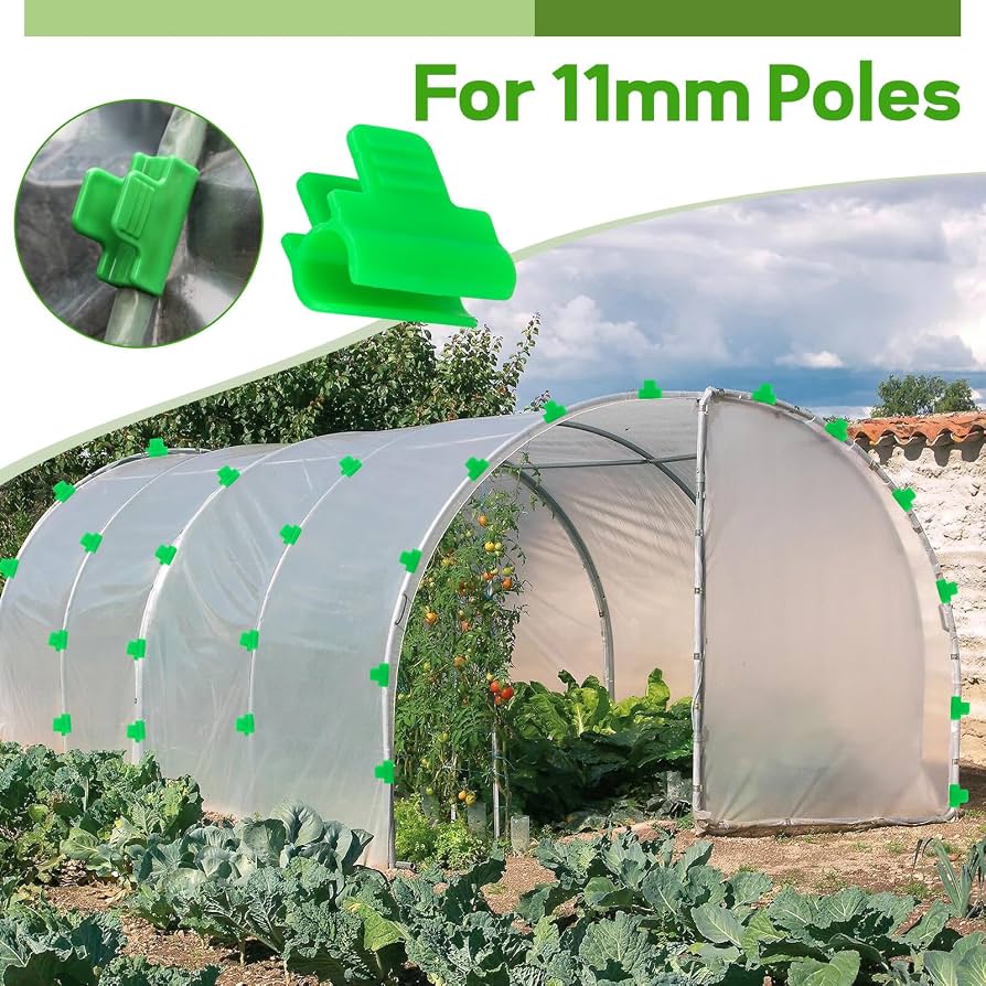 Pack of 50 Problems Solved greenhouse clamps, 11mm diameter polytunnel garden plant clips on a white background.