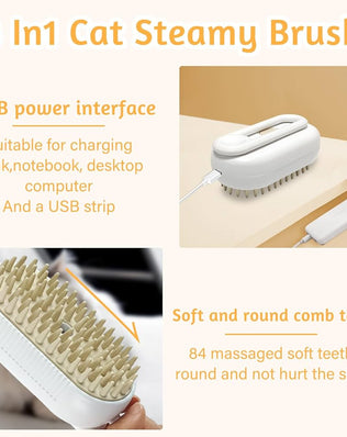 Problems Solved rechargeable 3-in-1 cat grooming brush with multifunctional design, showing the brush and its features.