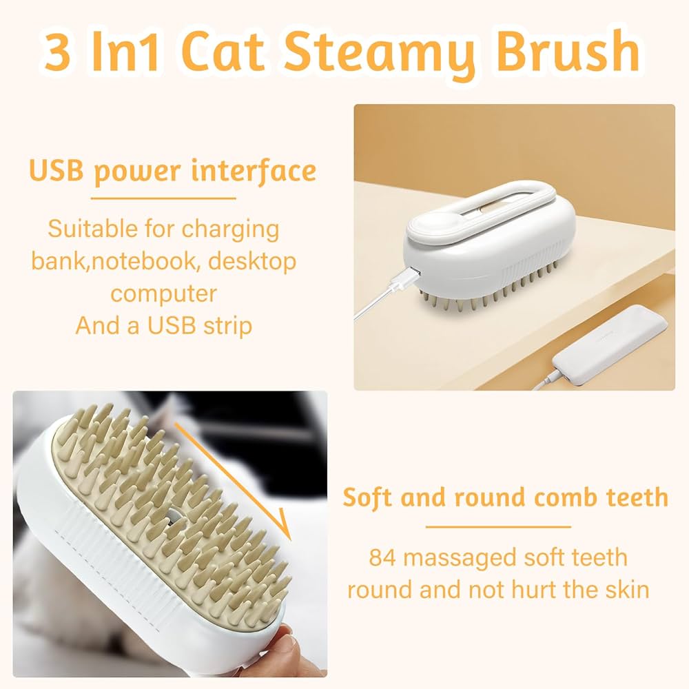 Problems Solved rechargeable 3-in-1 cat grooming brush with multifunctional design, showing the brush and its features.