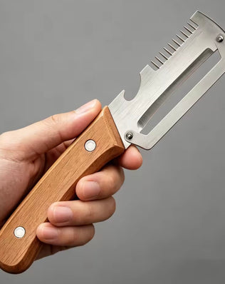 Problems Solved wooden vegetable peeler with ergonomic handle, showcasing a sharp peeling blade and comfortable grip for peeling tasks.