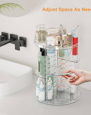 Problems Solved rotating makeup organizer with 8 adjustable spinning layers for skincare and cosmetic storage.