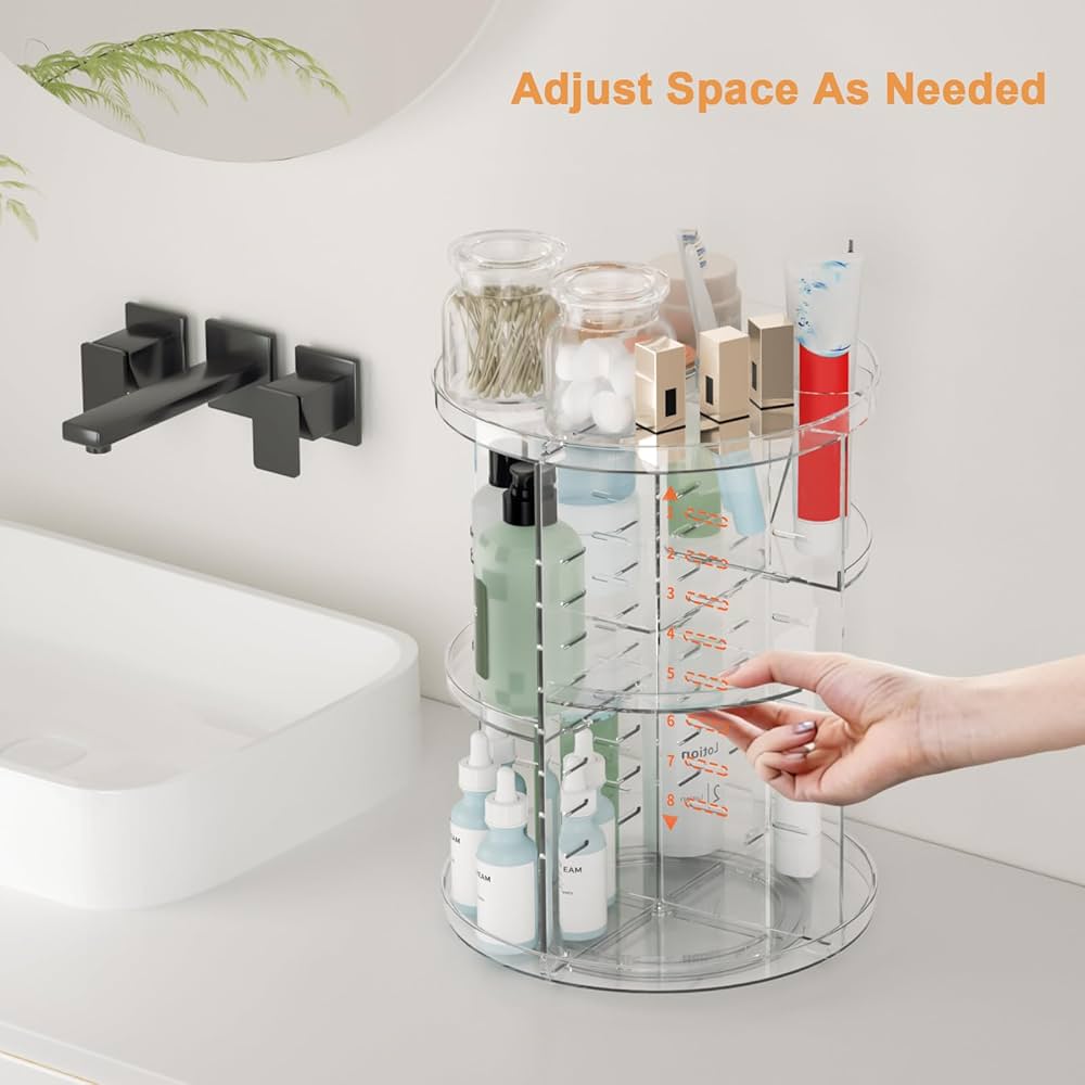 Problems Solved rotating makeup organizer with 8 adjustable spinning layers for skincare and cosmetic storage.