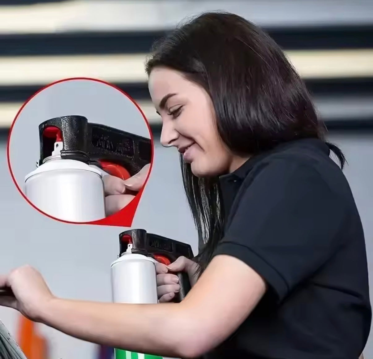 Plastic portable spray paint handle by Problems Solved, reusable and universal, shown attached to a spray can for easy grip.