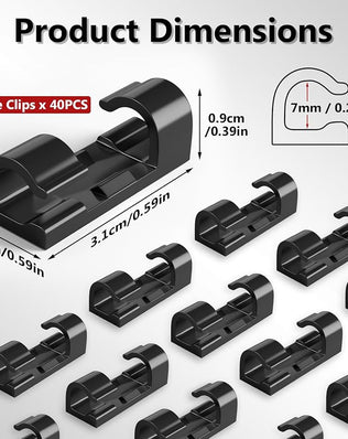 Problems Solved 40-pack adhesive cable clips for wire management, suitable for home and office use, keeps cables organized.