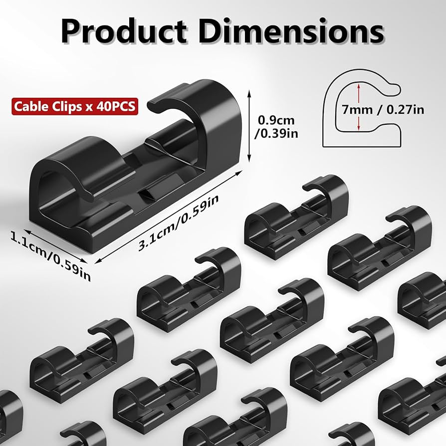 Problems Solved 40-pack adhesive cable clips for wire management, suitable for home and office use, keeps cables organized.