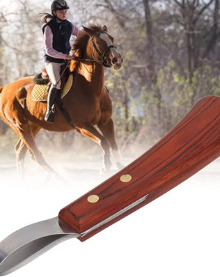 Farrier hoof knife with wooden handle, designed for horse hoof trimming and hoof care by Problems Solved.