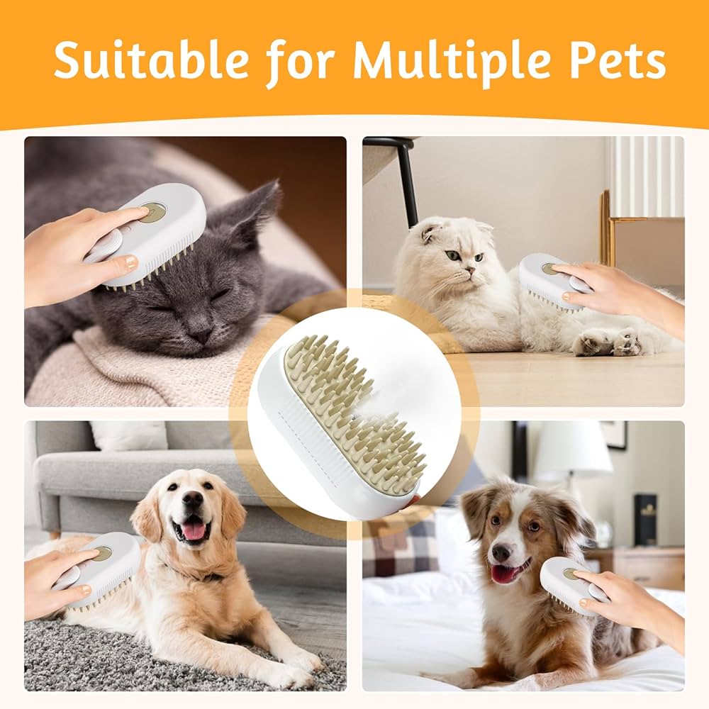 Rechargeable 3-in-1 multifunctional cat grooming brush from Problems Solved, showing the brush with ergonomic handle and grooming attachments.