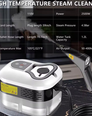 Problems Solved portable handheld steam cleaner showing a sleek black device with a water tank and nozzle for cleaning surfaces.