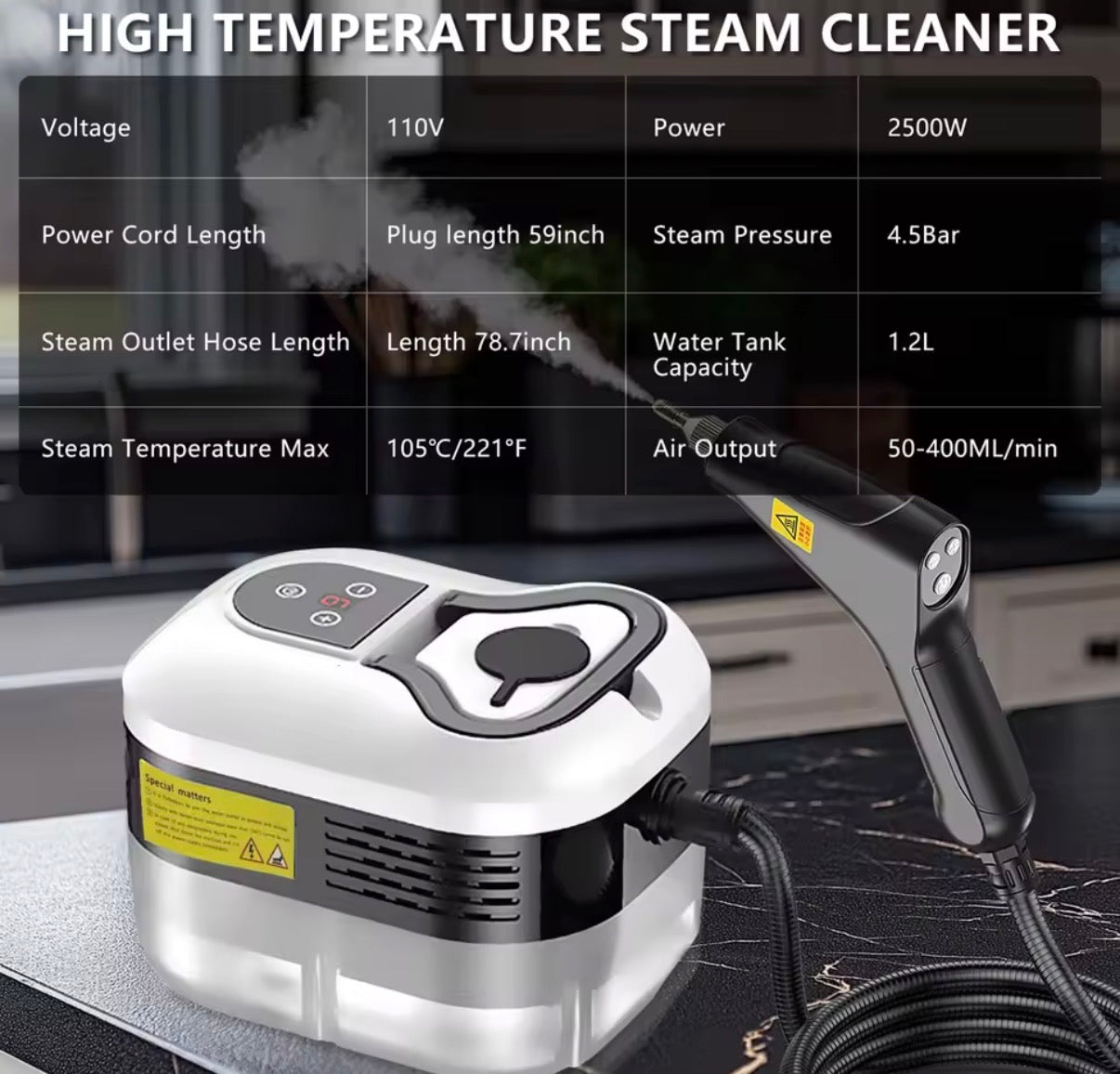 Problems Solved portable handheld steam cleaner showing a sleek black device with a water tank and nozzle for cleaning surfaces.