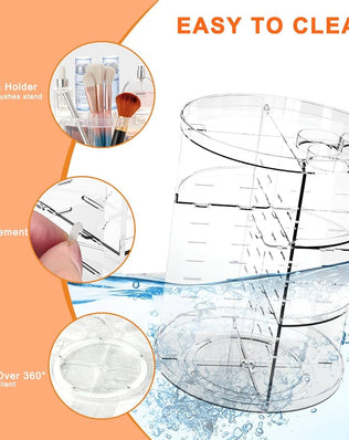 Problems Solved rotating makeup organizer with 8 adjustable spinning layers for skincare and cosmetics storage.