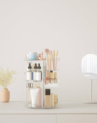 Problems Solved rotating makeup organizer with 8 adjustable spinning layers for skincare and cosmetic storage.