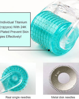 Problems Solved Derma Roller 1.0mm with titanium micro needles, showing the roller's textured surface and fine needle details.