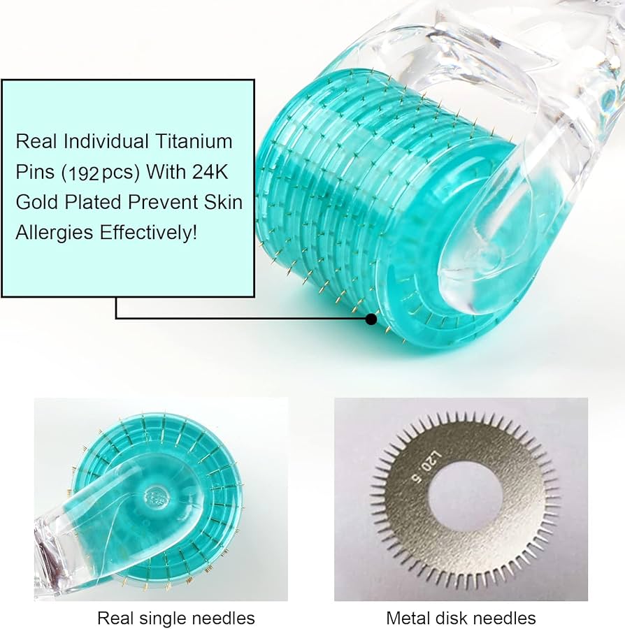 Problems Solved Derma Roller 1.0mm with titanium micro needles, showing the roller's textured surface and fine needle details.