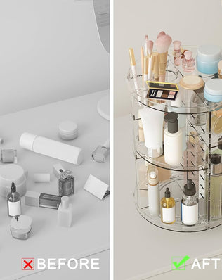 Problems Solved rotating makeup organizer with 8 adjustable spinning layers for skincare and cosmetic storage.