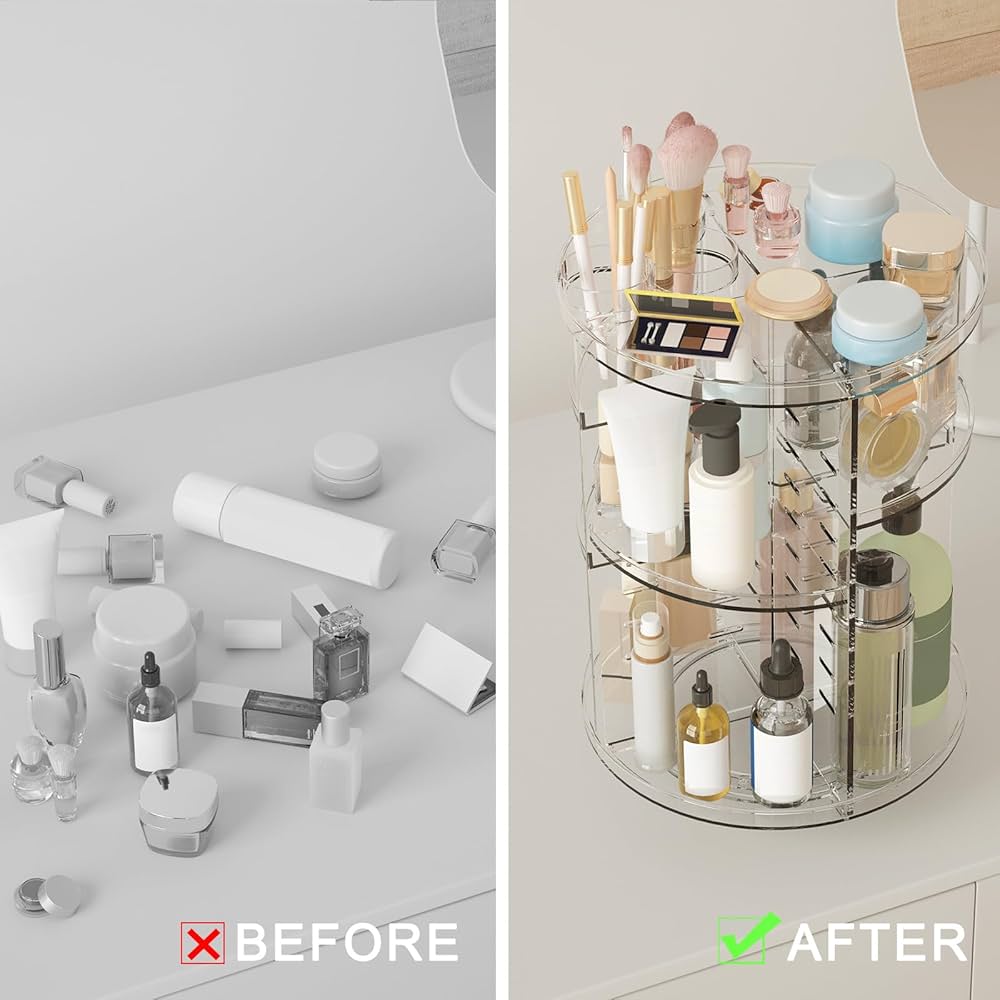 Problems Solved rotating makeup organizer with 8 adjustable spinning layers for skincare and cosmetic storage.