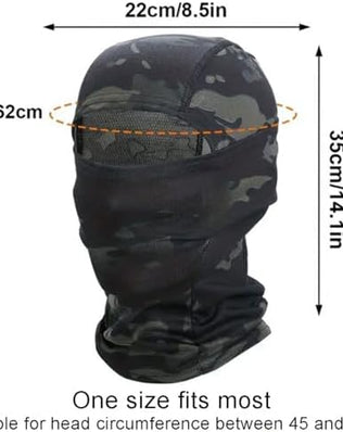 Lightweight breathable camouflage balaclava mask from Problems Solved, full face hood and army-style snood for outdoor activities.