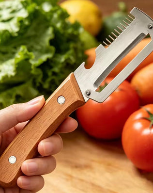 Problems Solved wooden vegetable peeler with ergonomic handle, ideal for peeling fruits and vegetables efficiently and comfortably.