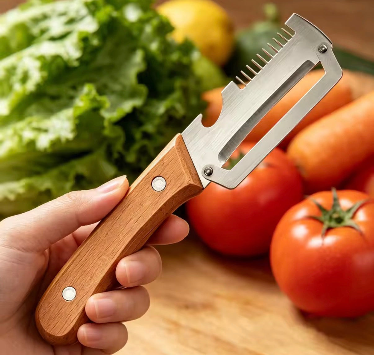 Problems Solved wooden vegetable peeler with ergonomic handle, ideal for peeling fruits and vegetables efficiently and comfortably.