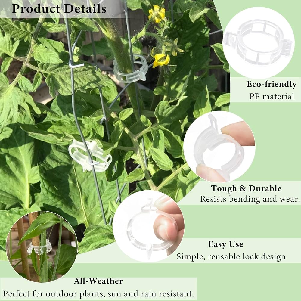 Problems Solved plant clips for climbing plants, 200-piece set with tomato hooks and trellis support.
