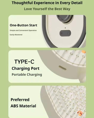 Problems Solved electric spray air massage comb with anti-tangle design, essential oil mist, and hair straightening brush visible in the image.