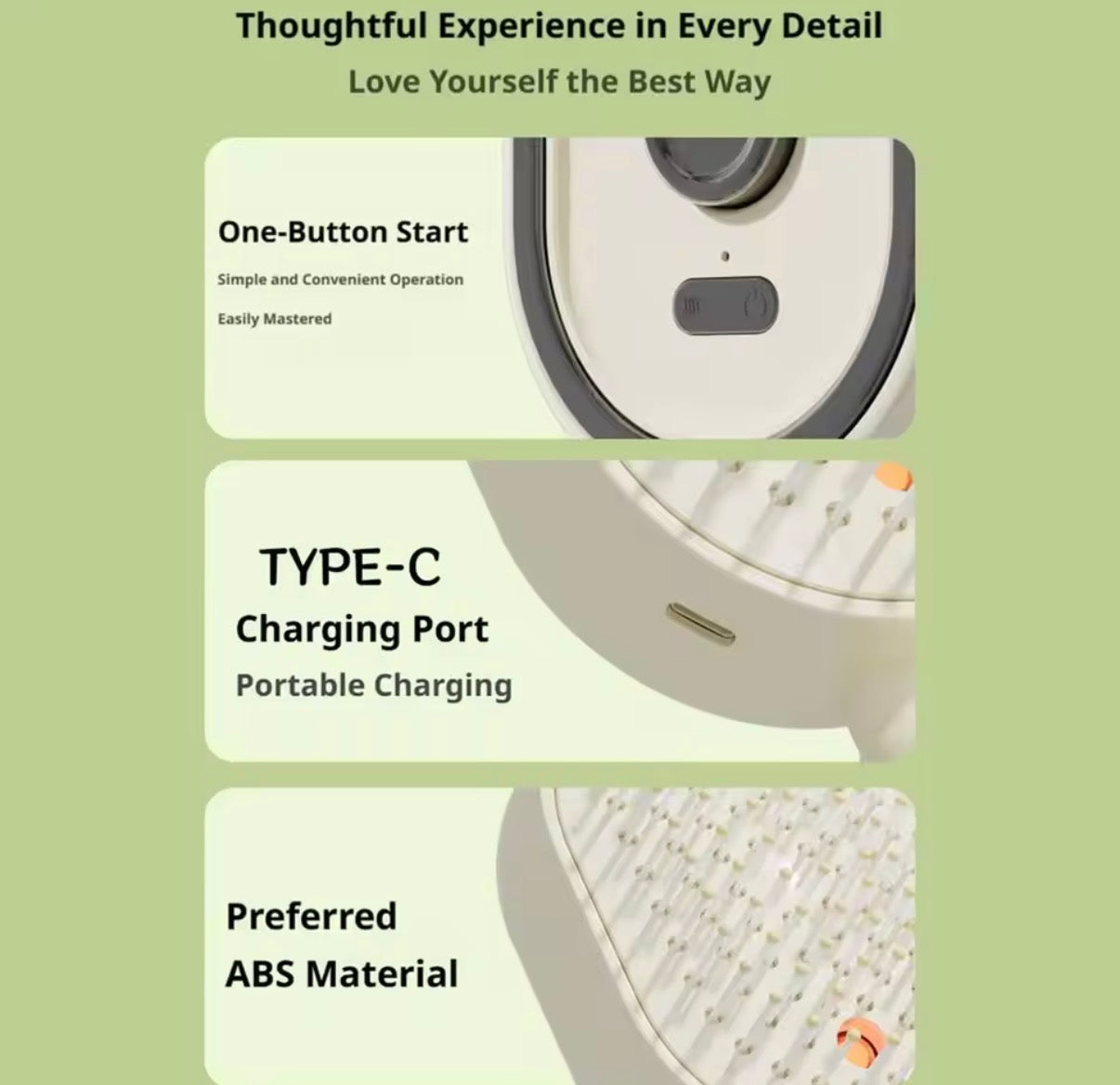 Problems Solved electric spray air massage comb with anti-tangle design, essential oil mist, and hair straightening brush visible in the image.
